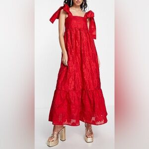 Sister Jane tiered maxi dress in red jacquard with bow straps